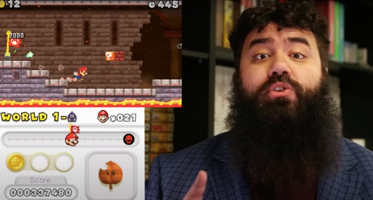 The completionist speaks to the camera with a Super Mario gameplay screen insert. 